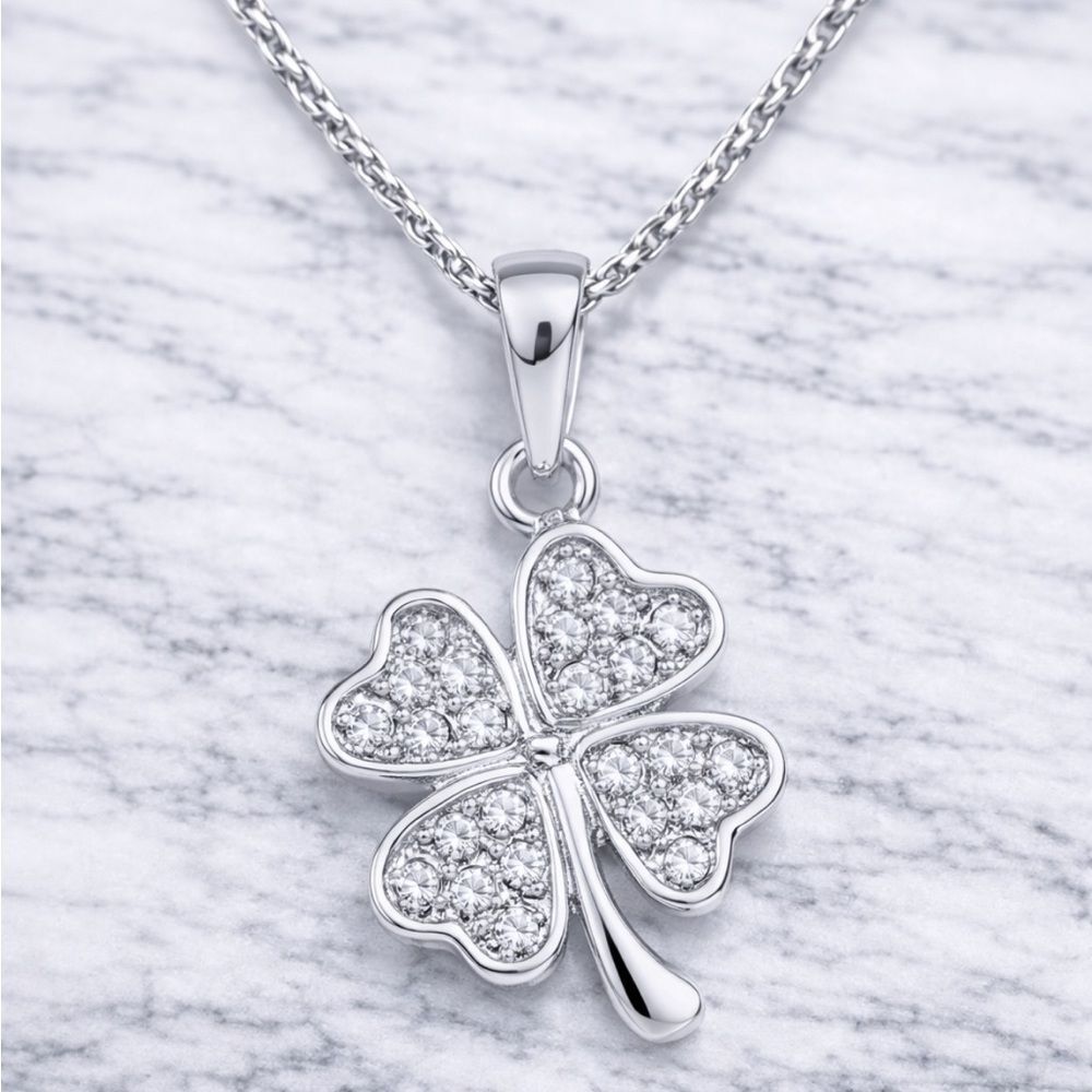 Platinum Four Leaf Clover Pendant + Necklace Lucky Charm Simulated Diamond